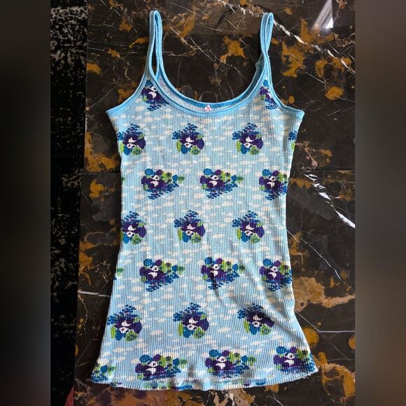 Free People Multi Panda Blue Purple Raw Hem Cotton Thermal Tank Sz M - Picture 1 of 11